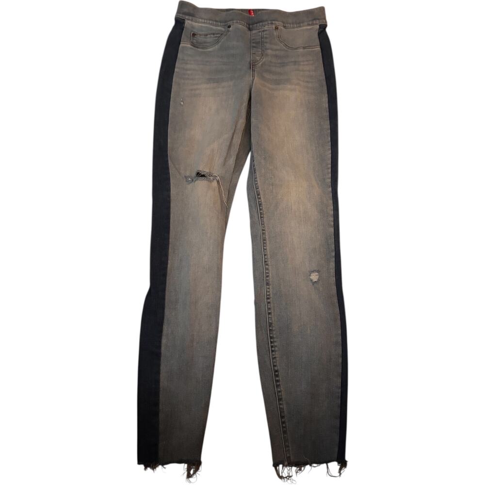 Spanx High Rise Distressed Pull-On Skinny Jeans With Side Stripe, Size Medium